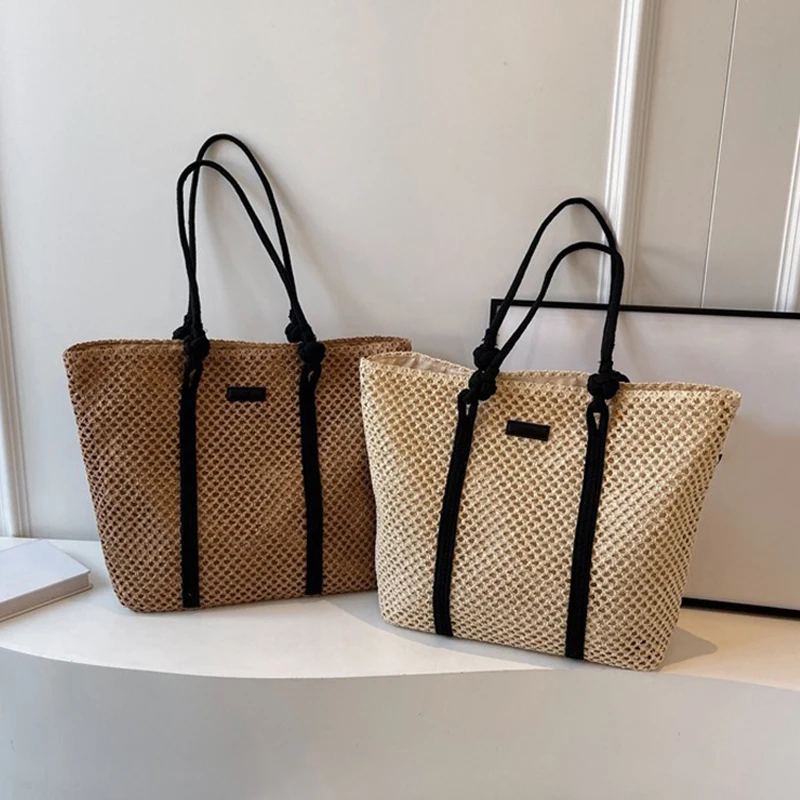 Summer Woven Straw Tote Bag Casual Beach Vacation Women Shoulder Bags Large Capacity Female Handbags Solid Color