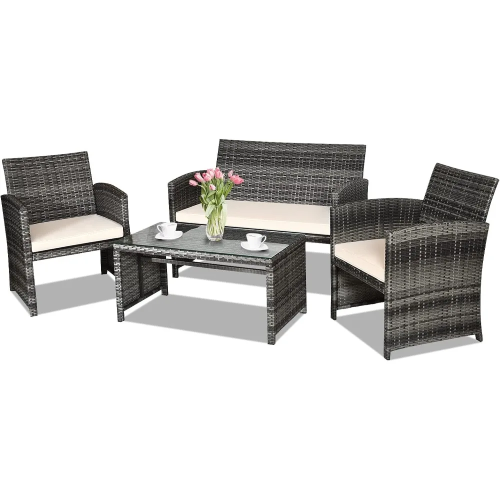 4-piece rattan patio furniture set, outdoor wicker conversation sofa with weatherproof cushions and tempered glass top