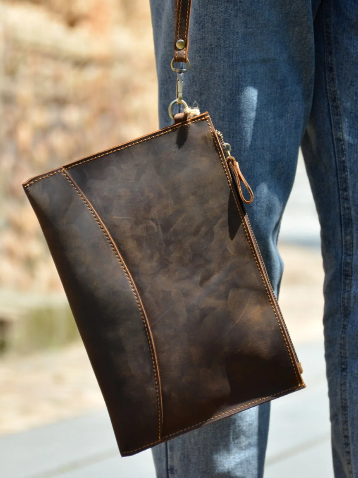 

casual designer handmade crazy horse cowhide men's clutch bag simple vintage luxury genuine leather thin phone storage wallet