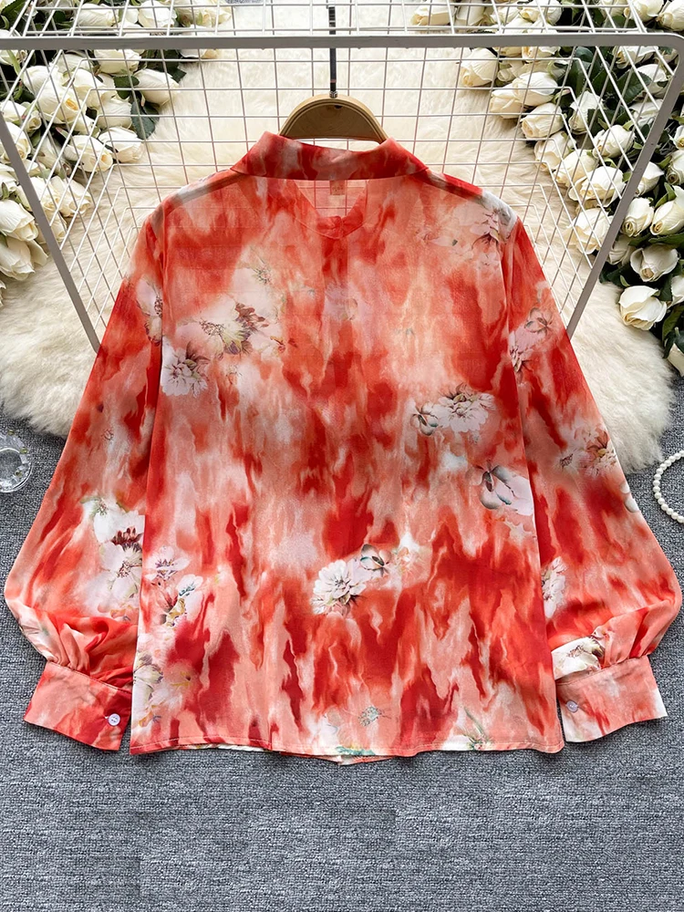 Spring Autumn Temperament Fashion Retro Chiffon Floral Blouses Print Loose Lapel Puff Sleeve Top Button Up Shirt Female A69