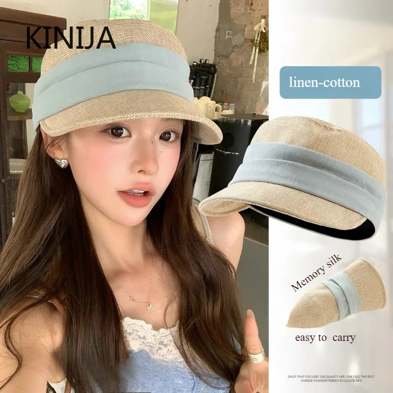 Sommer-Reithut für Damen, faltbarer Sonnenhut, Sommer-Outdoor-UV-Schutz, Strandhut, koreanische Baskenmütze, Sonnenschutz, Leinen, belüftete Kappe