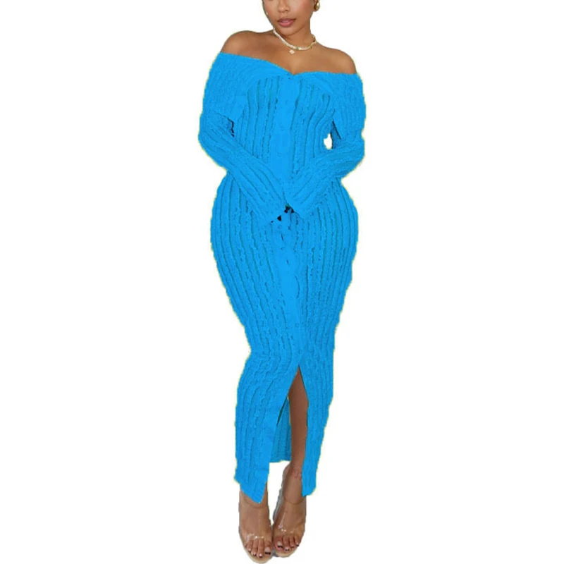 Women's Summer Off Shoulder Bodycon Dress Sexy Long Sleeve Button Down See Through Mesh Sundress Club Party Maxi Dresses Vestido