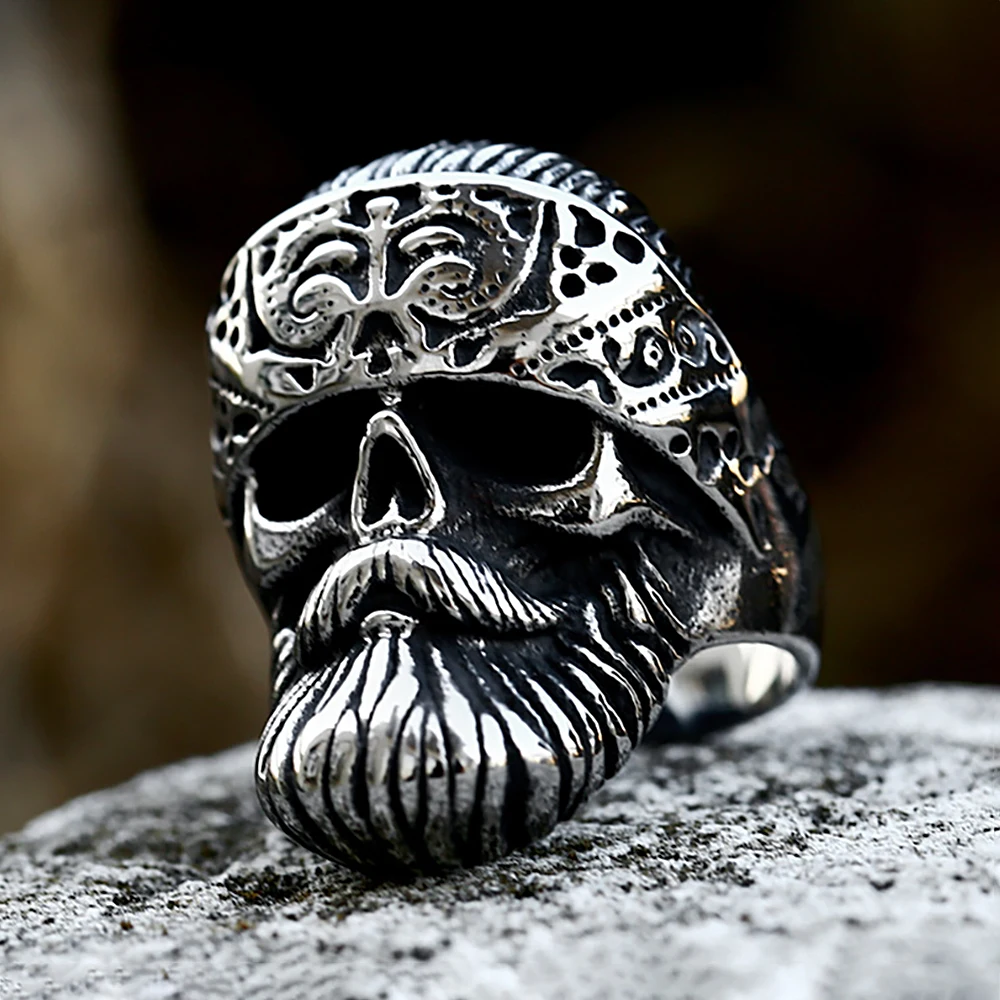 Retro Big Beard Wear Hat Skull Rings For Men Stainless Steel Cool Punk Skull Biker Skull Ring Fashion Jewerly Gift Dropshipping