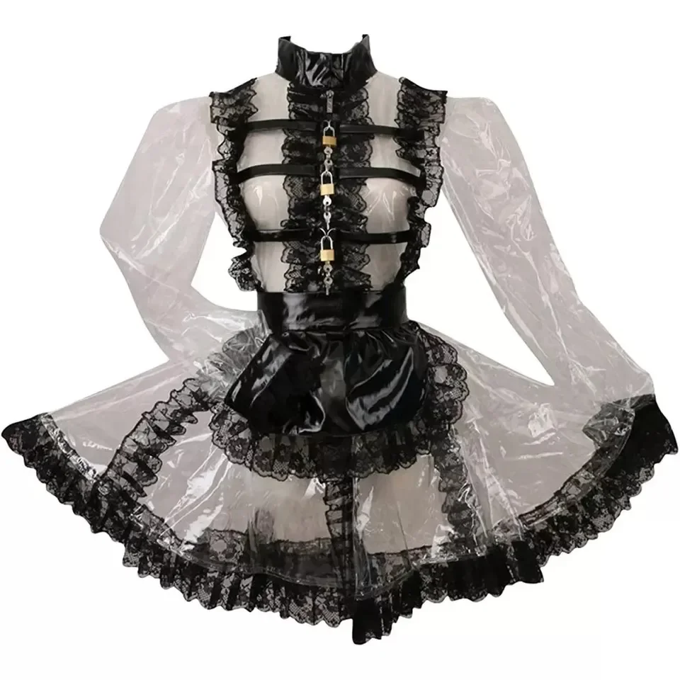 Sexy Sissy Lockable Girl Clear Color PVC High Neck Lace Dress French Maid Cosplay Outfit Adult Custom Carnival Festive Costumes