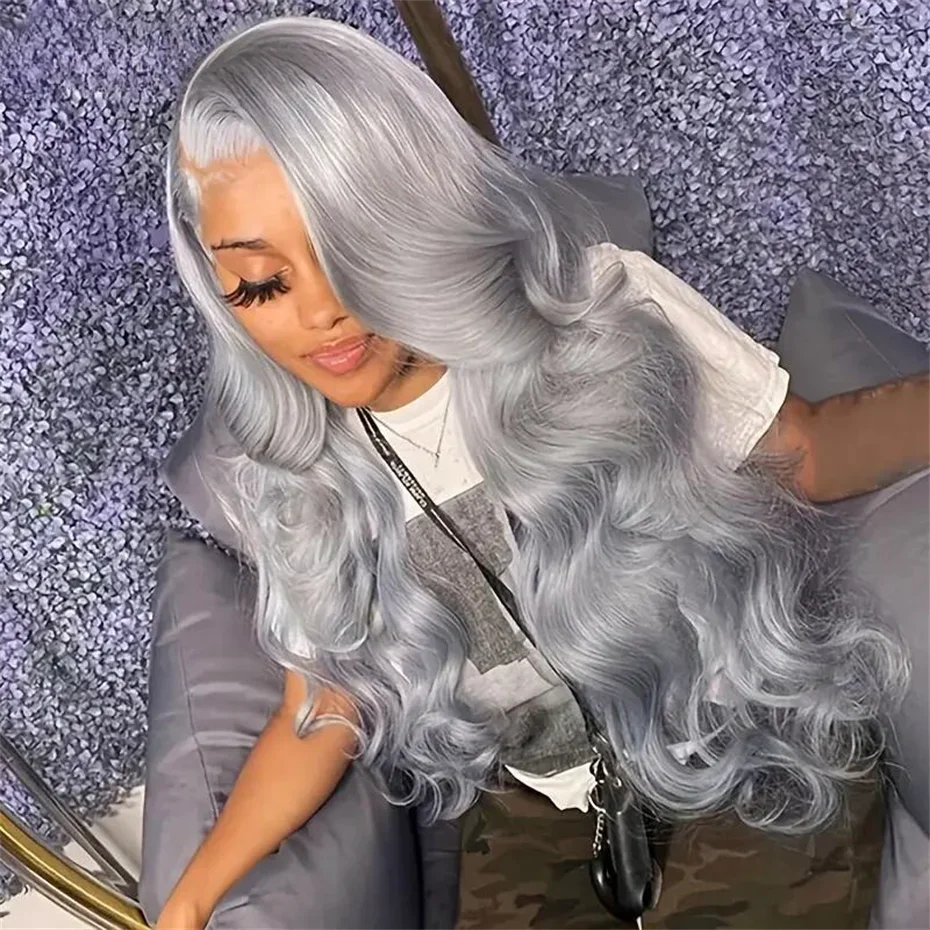 13x6 Silver Grey Colored Lace Front Wigs For Women 13X4 Body Wave Remy HD Transparent Lace Frontal Human Hair Wig Pre Plucked