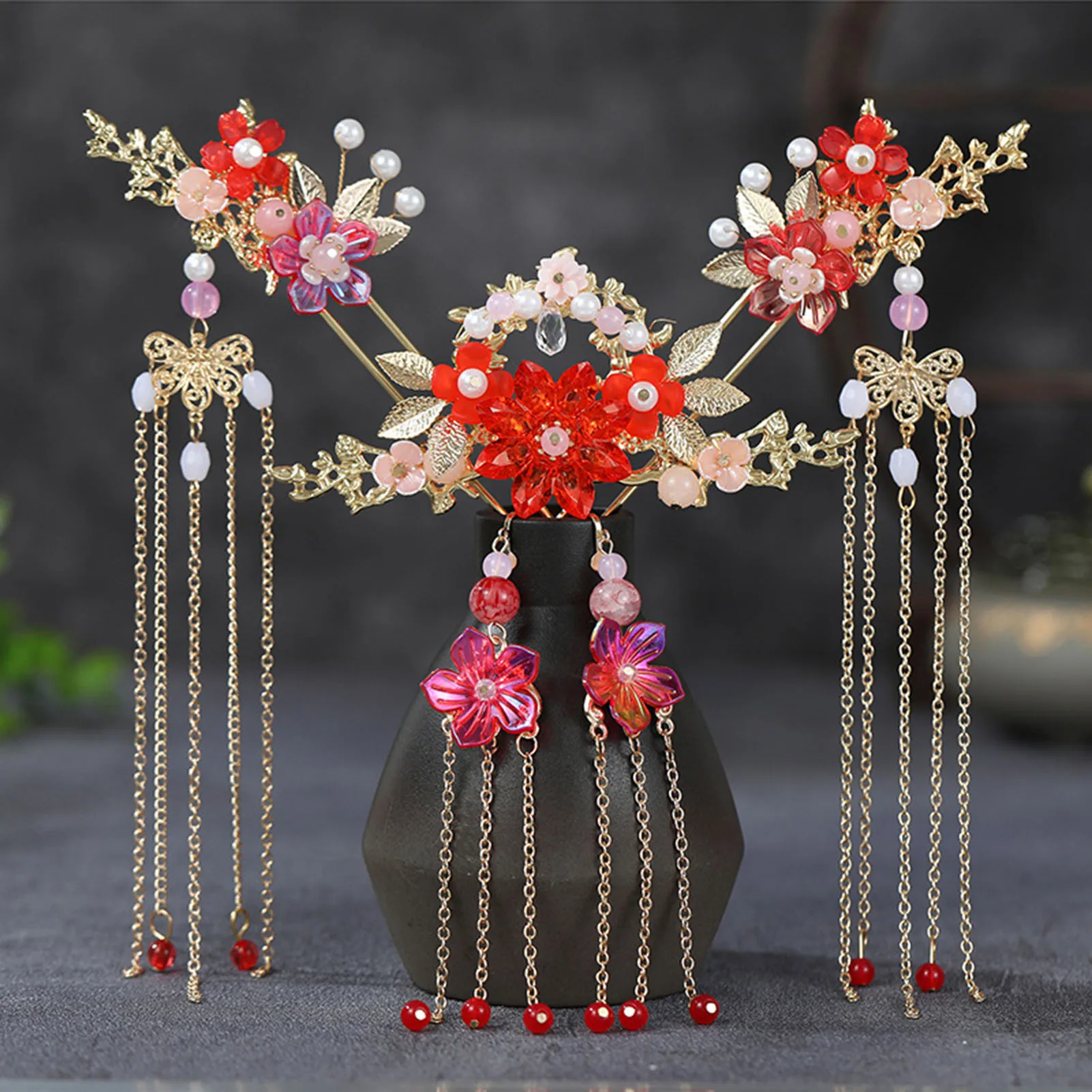

Metal Hanfu Hair Crown Set Red Glazed Glass Flower Hairpin Long Tassel Clip On Dangle Earrings for Wedding Women