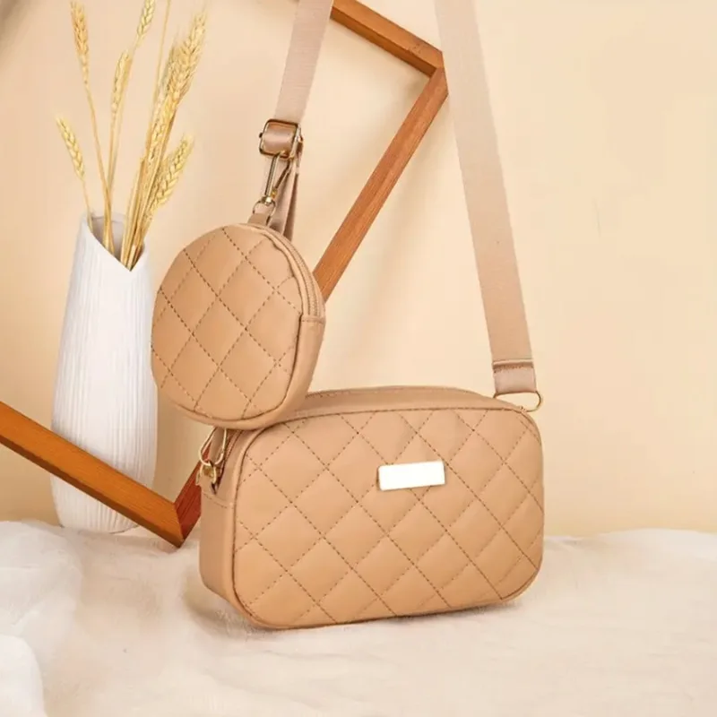 Two Piece Set Chic Quilted Women Crossbody Bag with Detachable Mini Purse Fashion Shoulder Bag for Women Casual Daily Ladies Bag