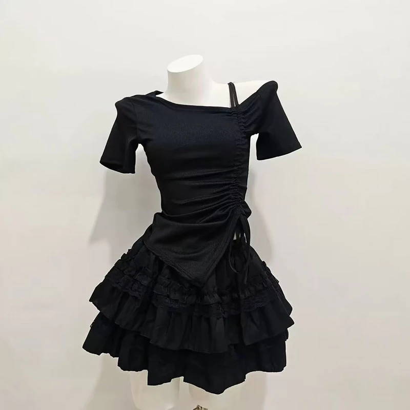 

Lace Patchwork Tulle Skirt Suit Women Summer Sexy Slash Neck Shirring Short Sleeve Top Y2K High Waist Sweet Preppy 2 Piece Set