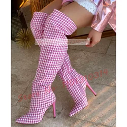 Pink Plaid High Heels Boots Women Trendy Pointy Toe Side-zip Knee High Boots Spring Streetwear 2023 Ladies Fashion Gingham Shoes