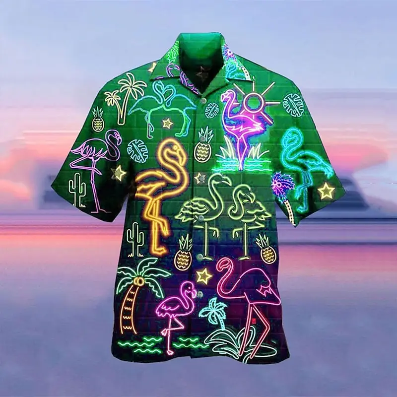 Men\'s shirt Hawaiian shirt camp T-shirt fluorescent 3D printing street casual short-sleeved clothing fashionable casual