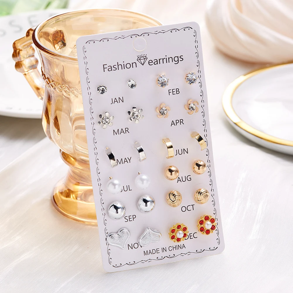 12 Pairs Sweet Flower Rhinestone Stud Earring Temperament Versatile Ear Dangler For Daily Wear Earrings For Women Jewelry