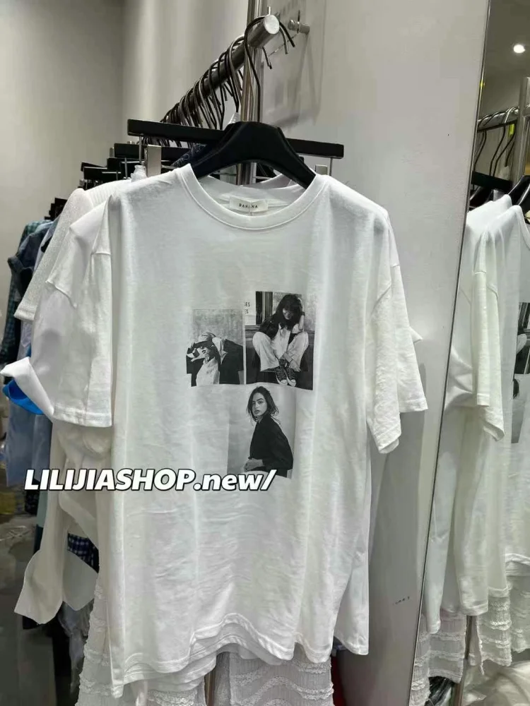 Dongda Gate 2025 Summer New American Loose Versatile round Ne Letter Character Print ort Sve T irt Women Casual Sle