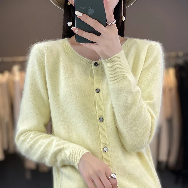 100% Mink Cashmere Women\'s Cardigan Women\'s O Neck Ssweater 2023 Autumn/Winter New Thick Knit Cardigan Sweater Women\'s Jacket