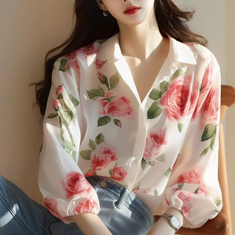 Chiffon Blouses For Women Fashion 2025 Printed Shirt Female Elegant Beautiful Thin Sunscreen Blouse Ladies Flower Shirts