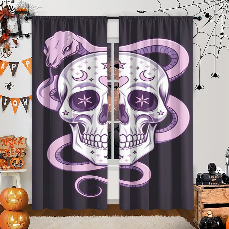 2PCS Digital Print Curtain, Snake Coiled Skull Stars Moon Purple, Gothic Mystic Dark for Living Room Bedroom Kitchen Decor