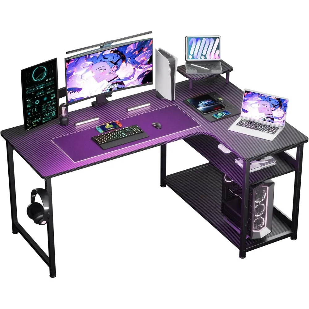 

GTPLAYER L Shaped Gaming Desk, Carbon Fiber Style Computer Desk with Monitor Shelf and Hook, Black Small L Shape Desk
