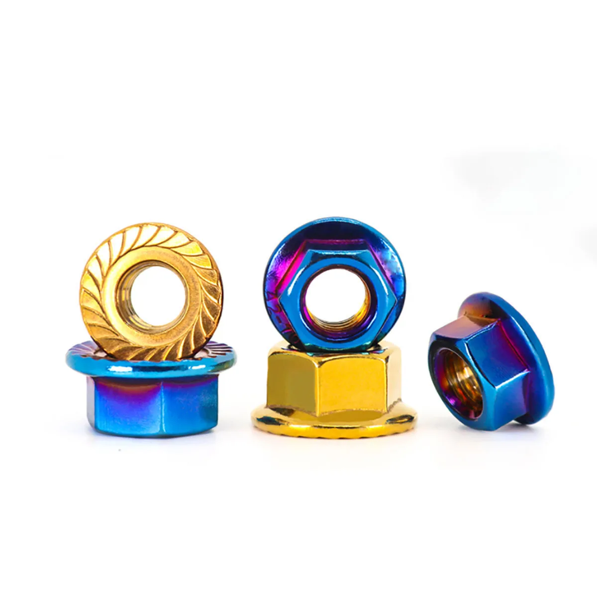 A2 Stainless Steel Hex Flange Lock Nuts Blue Gold Embossed Anti-Loosening Tooth Design M4-M12 Motorcycle Fasteners
