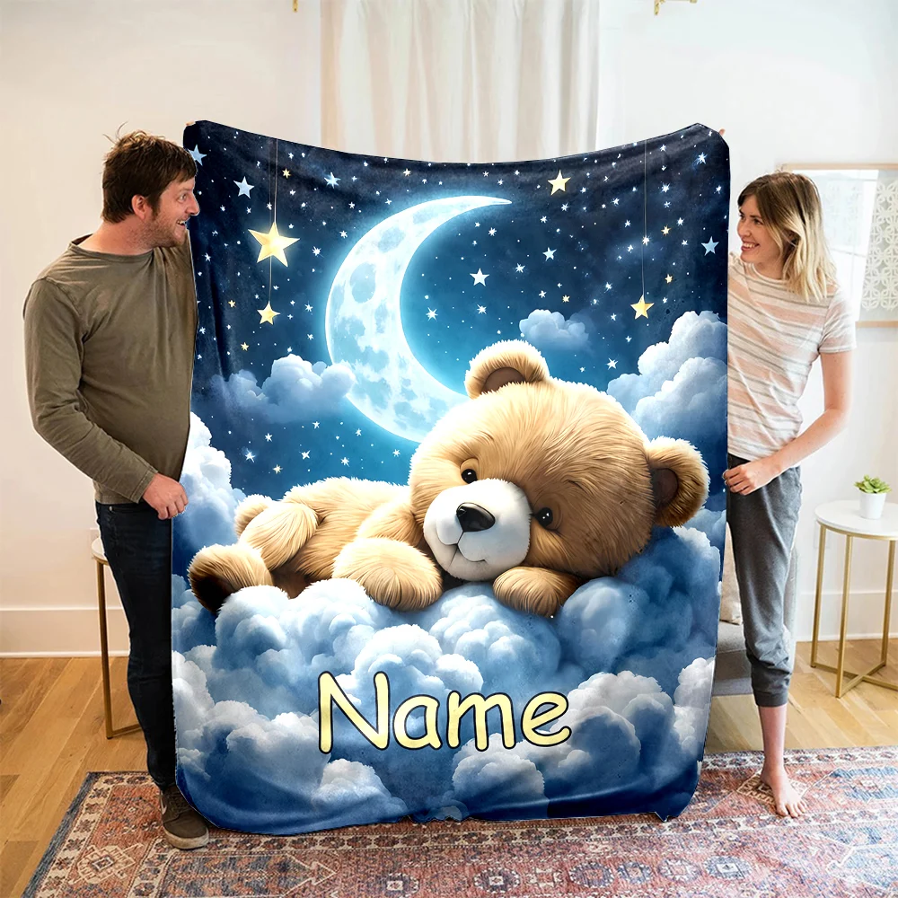 Customized Name Personalized Blanket Bear Pattern Text Children Warm Soft Blankets Home Travel and Comfortable Blanket