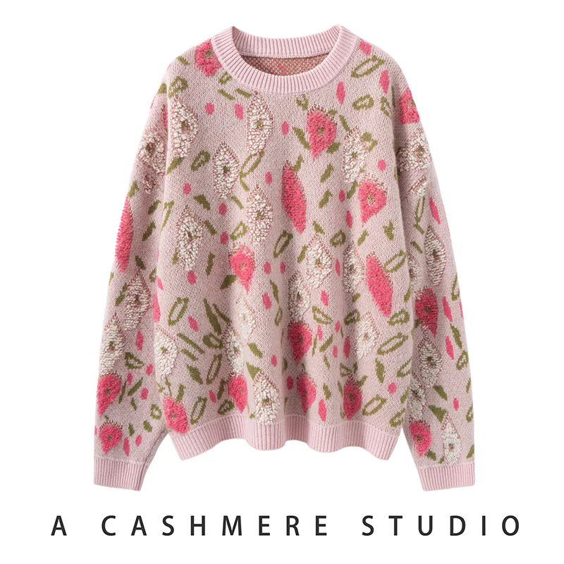 Korean Style Autumn Winter Women's 100% Cashmere Sweater Round Neck Pullover with Stereo Flower Pattern Casual Daily Knitwear
