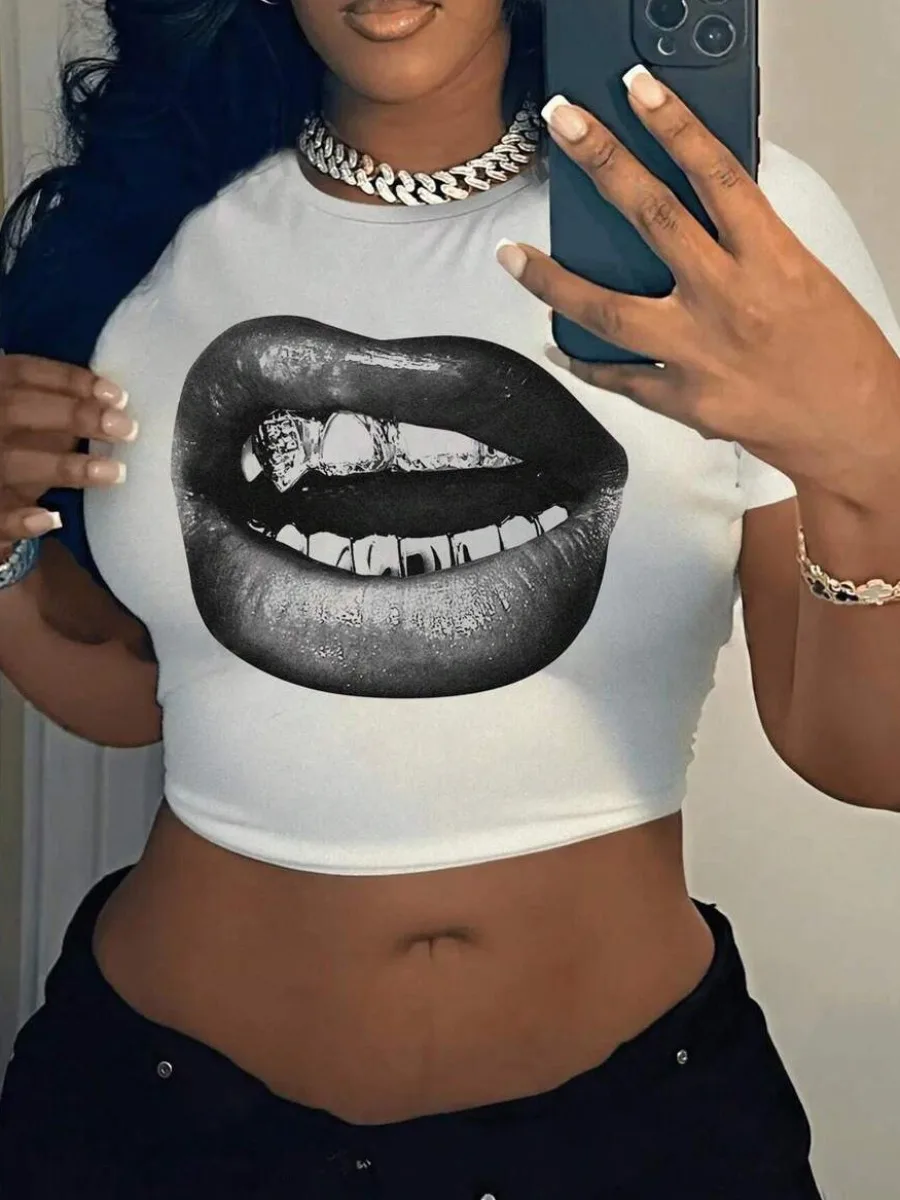 

LW Crop Top Lip Print T-shirt Cartoon women's Casual Clothes Y2k Cropped Tee Shirt Top summer short sleeve T-shirt Top