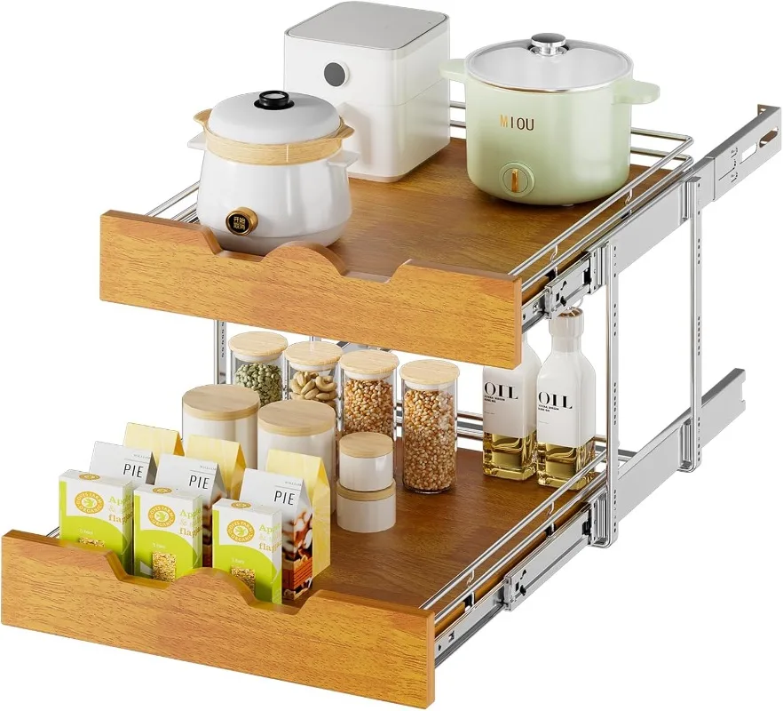 

2-х уровневый выдвижной органайзер для шкафа (20 шт. x 21 дюйм) Выдвижная деревянная полка Двухъярусная кухонная корзина с хромированным покрытием