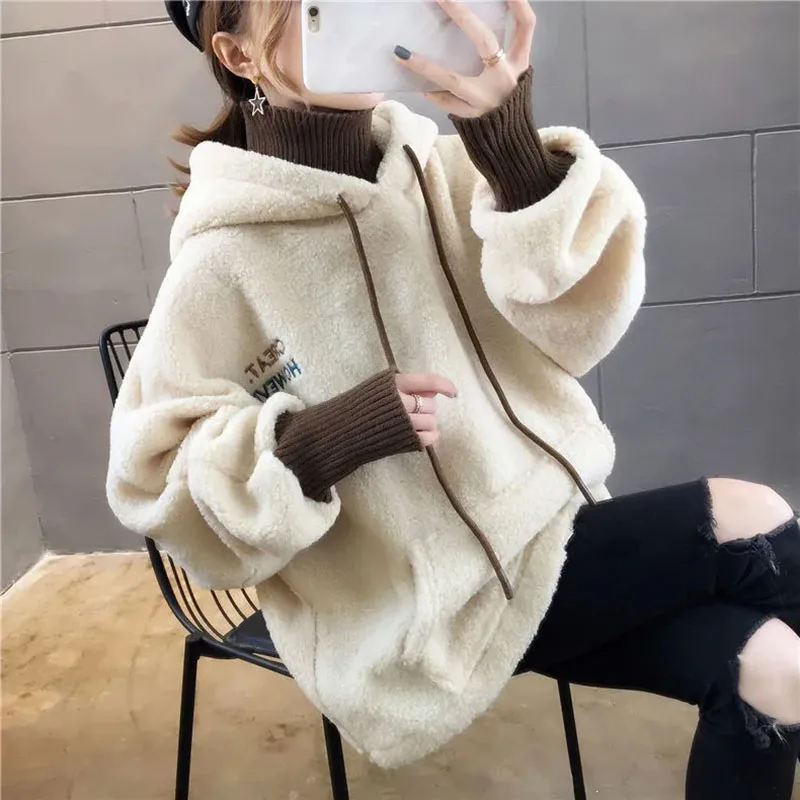 Faux Lamb Sweatshirt Women Loose Fake Two Piece Fashion Hoodies Fluffy Big Pocket Letter Long Sleeve Winter Female Tops