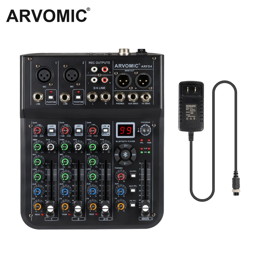 

ARVOMIC Professional DJ Mixer with 99 DSP Effects, 4-Channel Audio Mixer USB 2.0 Jack, Bluetooth Function & USB Audio Interface