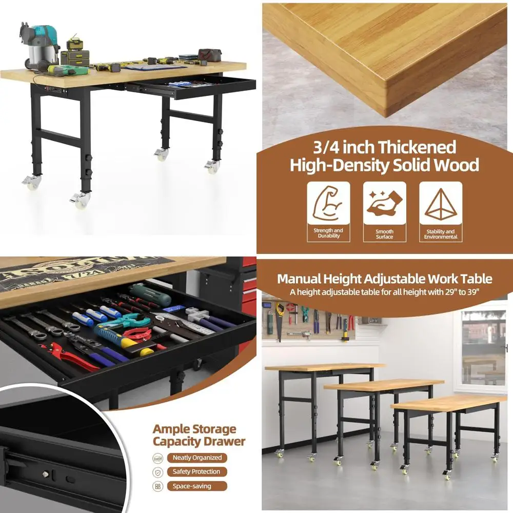 منضدة عمل من الخشب الصلب قابلة للتعديل مع عجلات ومخرج طاقة وأدراج للاستخدام عالي التحمل