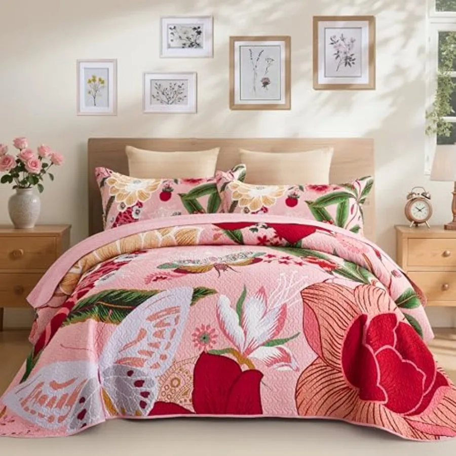 

3 Piece Pink Boho Floral Full/Queen Quilt Sets Farmhouse Botanical Reversible Lightweight Bedspread with 2 Shams Butterfly Micr