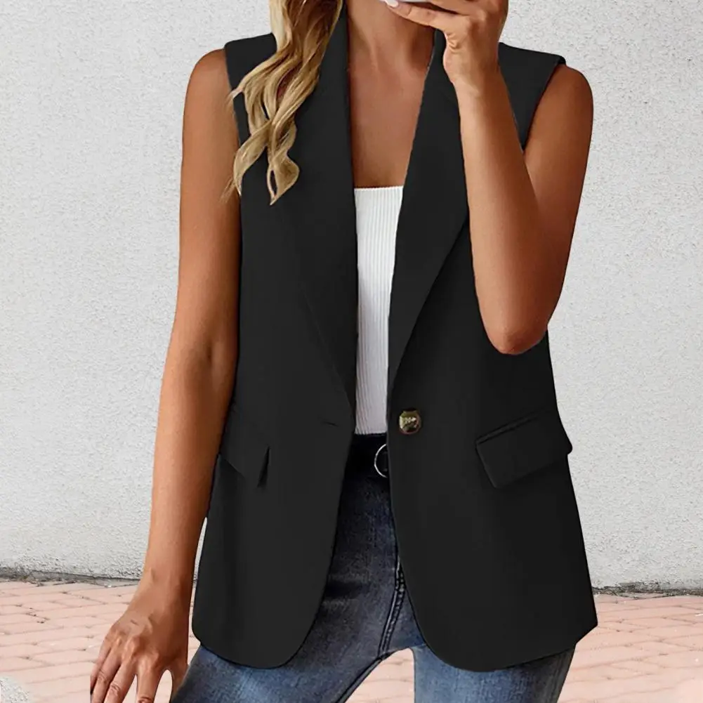 Women Summer Waistcoat Sleeveless Business Vest Coat Lapel Pockets Single Button Straight Formal OL Style Commute Coat Vest