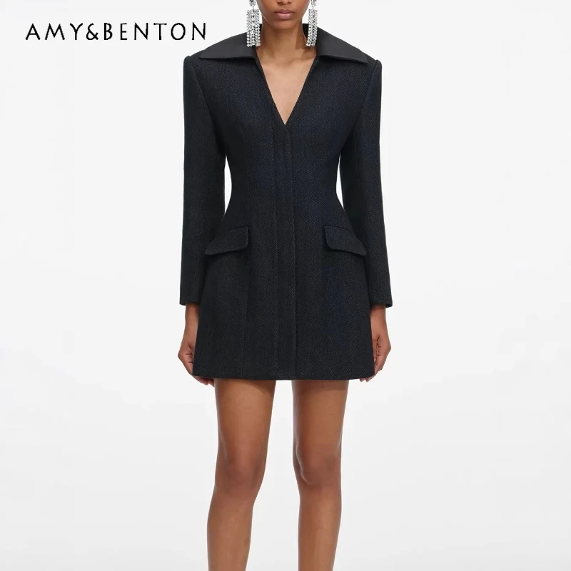 

2026 Spring New Classic High-End Black Women's Short Dress Retro Design Sweet Cool Wool Blend V-Neck Slimming Dresses Ladies