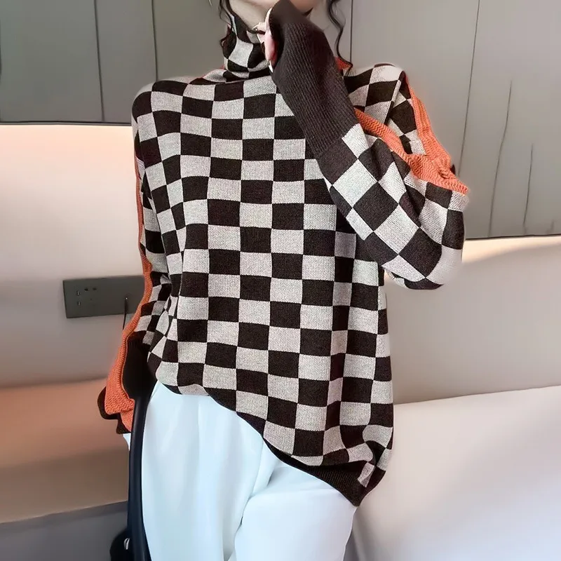 2025 الخريف والشتاء موضة جديدة المرأة سترة أنيقة ومثير عالية الرقبة المطبوعة الراقية الفاخرة رداء علوي من الصوف سترة