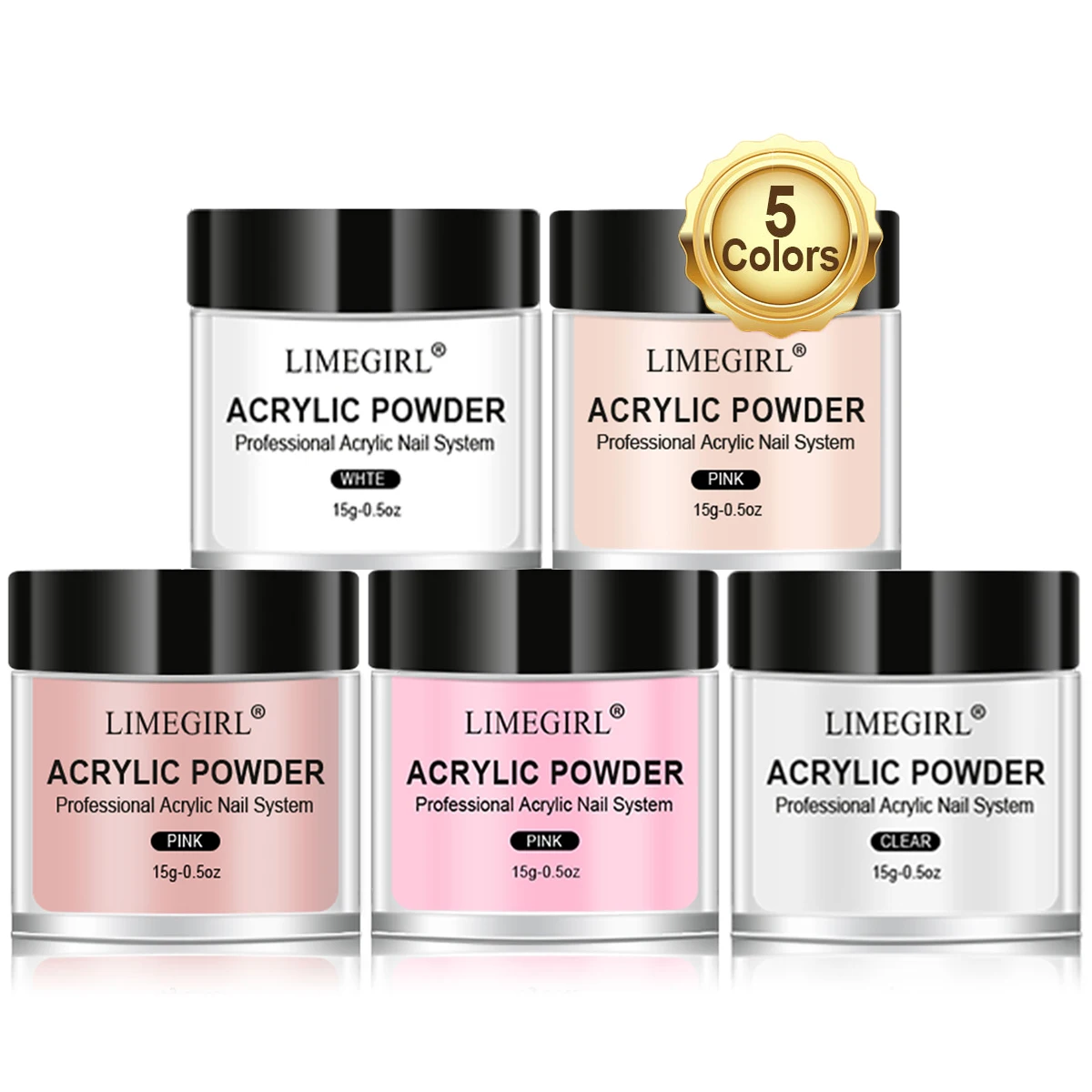 LIMEGIRL 5-Farben-Nagel-Acrylpulver, professionelles rosa, klares, weißes, nacktes Polymer für Nagelverlängerung, Salonqualität, feines Pulver