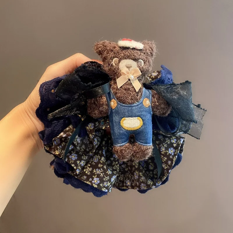 

High-end Cartoon Denim Bear Lace Floral Elegant Scrunchie for Women Exquisite Sweet Bun Hair Tie Hair Accessory