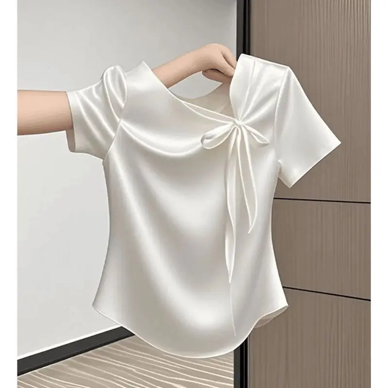 Bow Lacing Solid Simplicity Elegant Tops Short Sleeve Youth All-match Temperament T Shirts Women Clothing Fashion Korean Summer