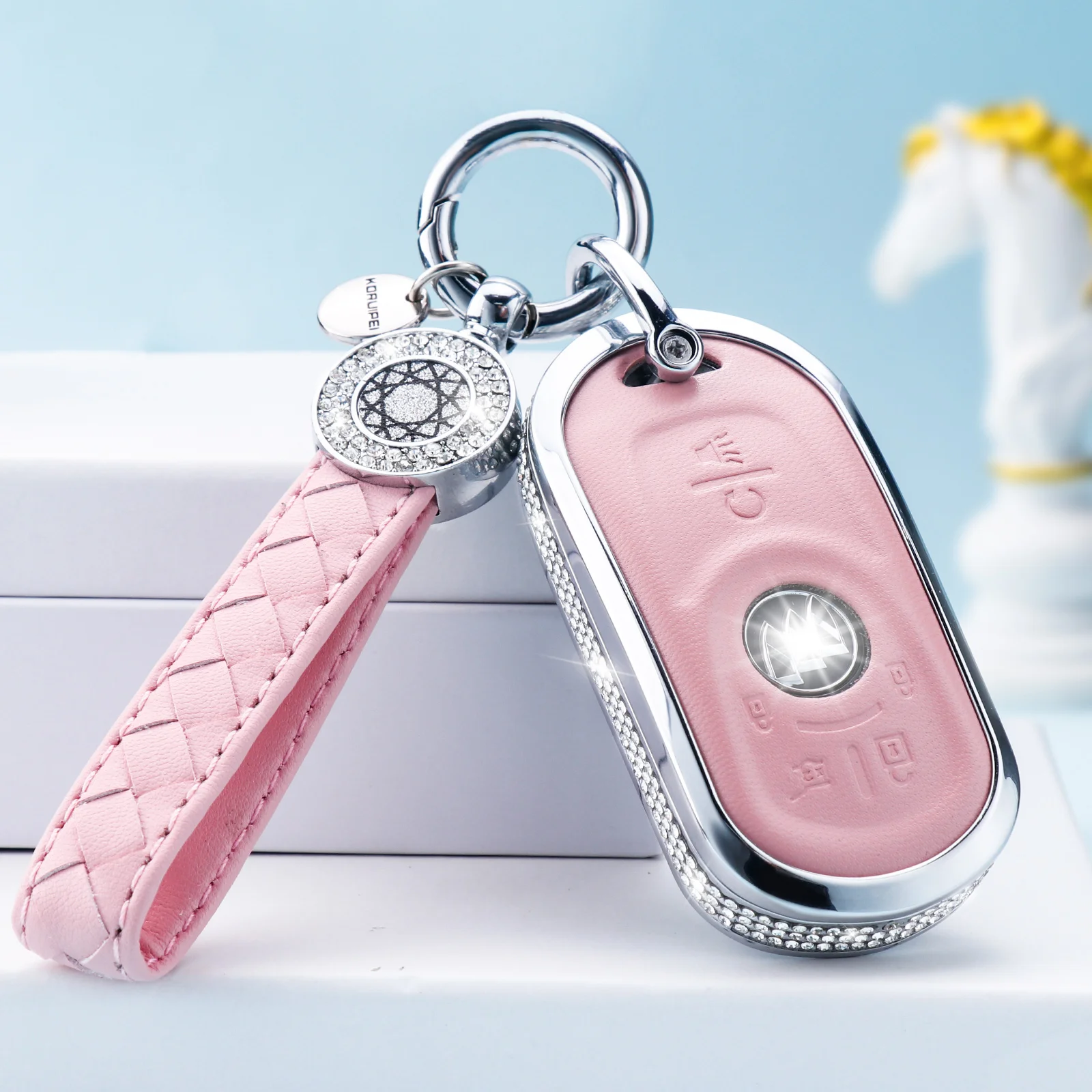 for Buick Key Fob Cover with Keychain, Pink Leather Crystal Key Case Protection Shell Compatible with Buick Encore Enclave Lacro