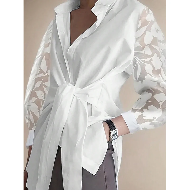 Tinaa White Tied Waist Split-Joint Shirts for Women 2024 Fashion Buttoned Loose Long Sleeves Lapel Blouses&Shirts Tops