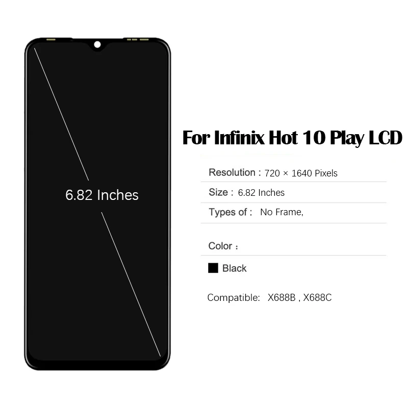 LCD 터치 스크린 디지타이저 어셈블리, 수리 도구 및 접착제 포함, Infinix Hot 10 Play X688B X688C, 6.82 인치