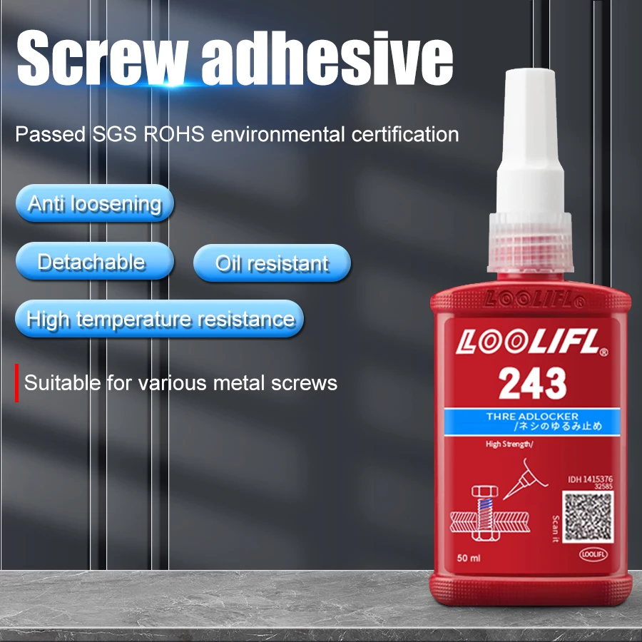 LOOLIFL 50 ml Medium Strength Threadlocker (blue) Glue 243 Threadlocker (blue) Firm Screw Glue Anaerobic Anti Loosening Agent