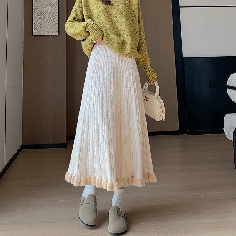 MiiiiX Korean Sweet Imitation Mink Fur Soft Knitted Skirt High Waist Loose Ruffled A-line Casual Skirt Autumn Women's Clothes