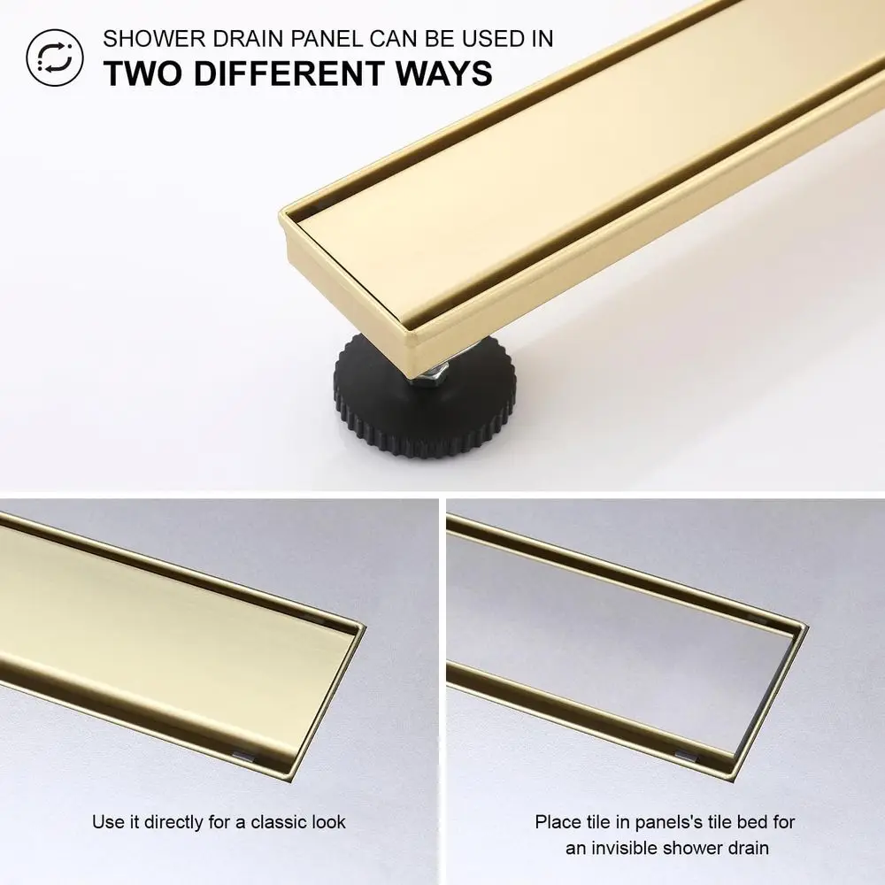 24-Inch Brushed Gold Linear Shower Drain with Tile Insert and Hair Strainer