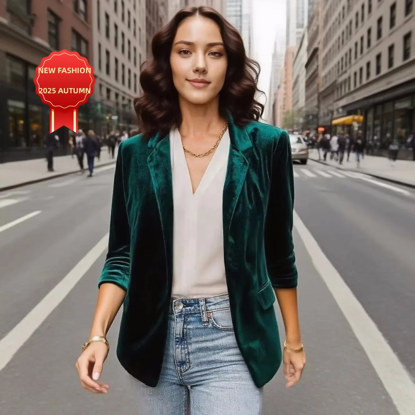 

2025 New Autunn Women's Velvet Blazer Ruched 3/4 Sleeve Lapel Open Front Cardigan Ladies Office Business Coat Short Suit Jacket