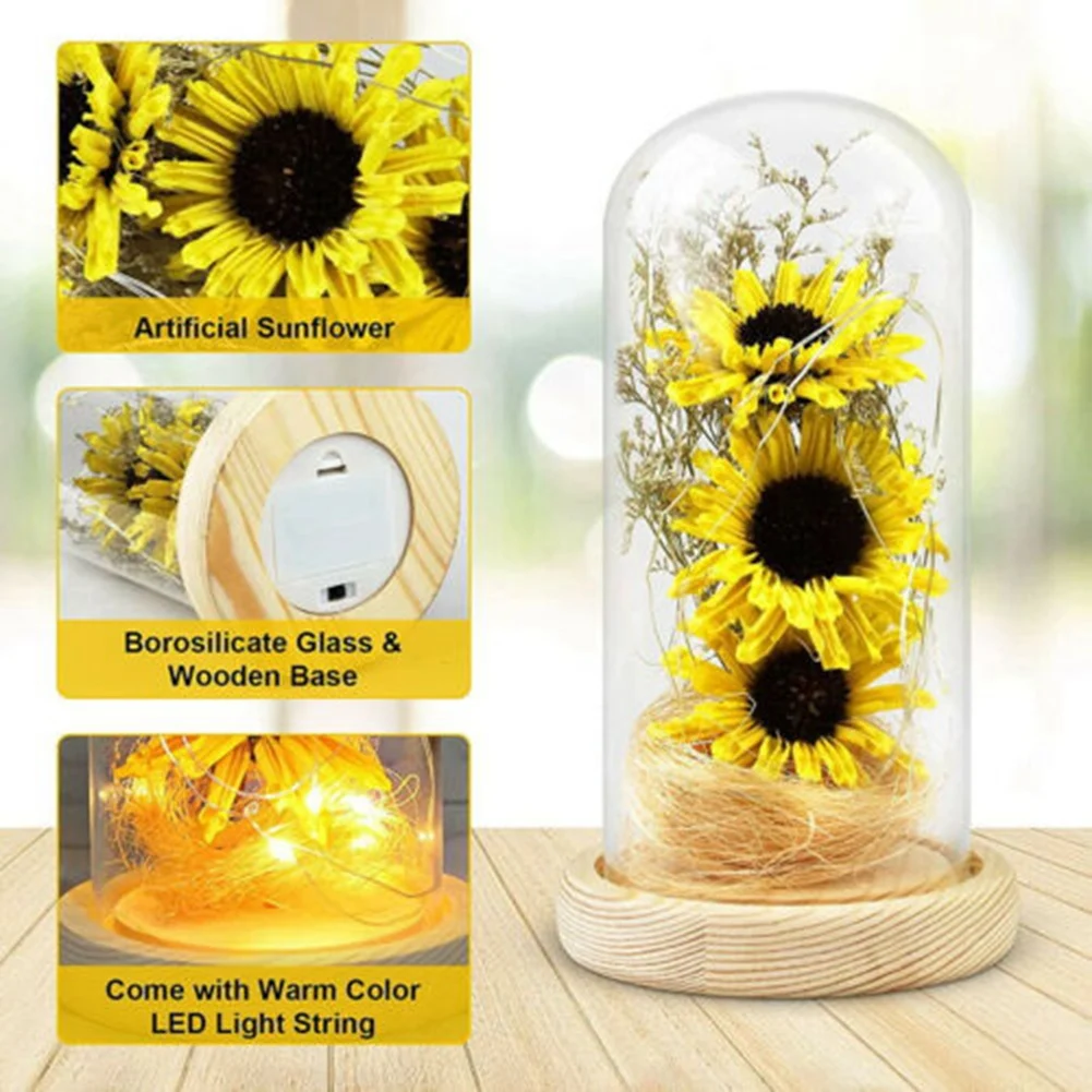 Imitation Sunflowers in Glass Dome with LED Strips Valentine's Day Gift Decoration