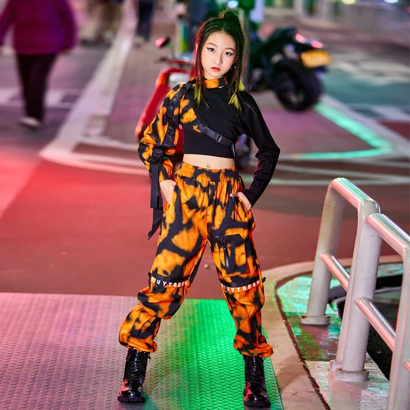 Kids Jazz Hip-Hop Dance Performance Costume Camouflage Sleeves Pants Girls Stage Outfit Rave Modern Street Dance Costume BL7440