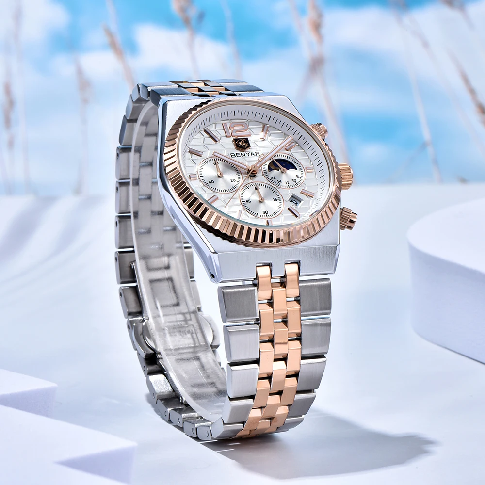 BENYAR Chronograph 40mm Men's Watch Stainless Steel Waterproof Quartz Wristwatches Top Brand Sapphire Glass Gift Watches for Men