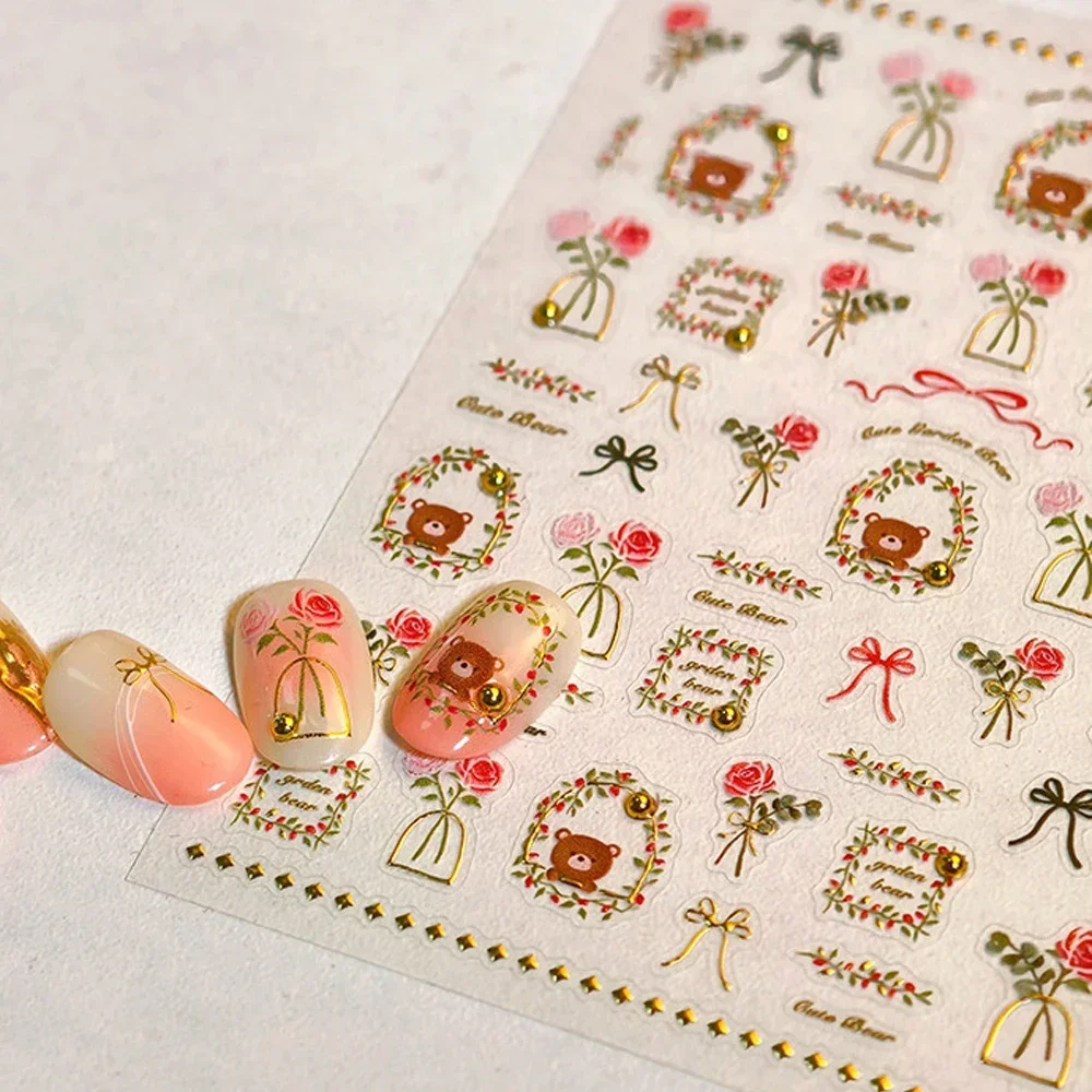 Cute Bunny Rabbit Spring Wildflower Bowknot Flower Lily Moth Orchid Garden Samoprzylepne naklejki do paznokci Szykowne naklejki do manicure