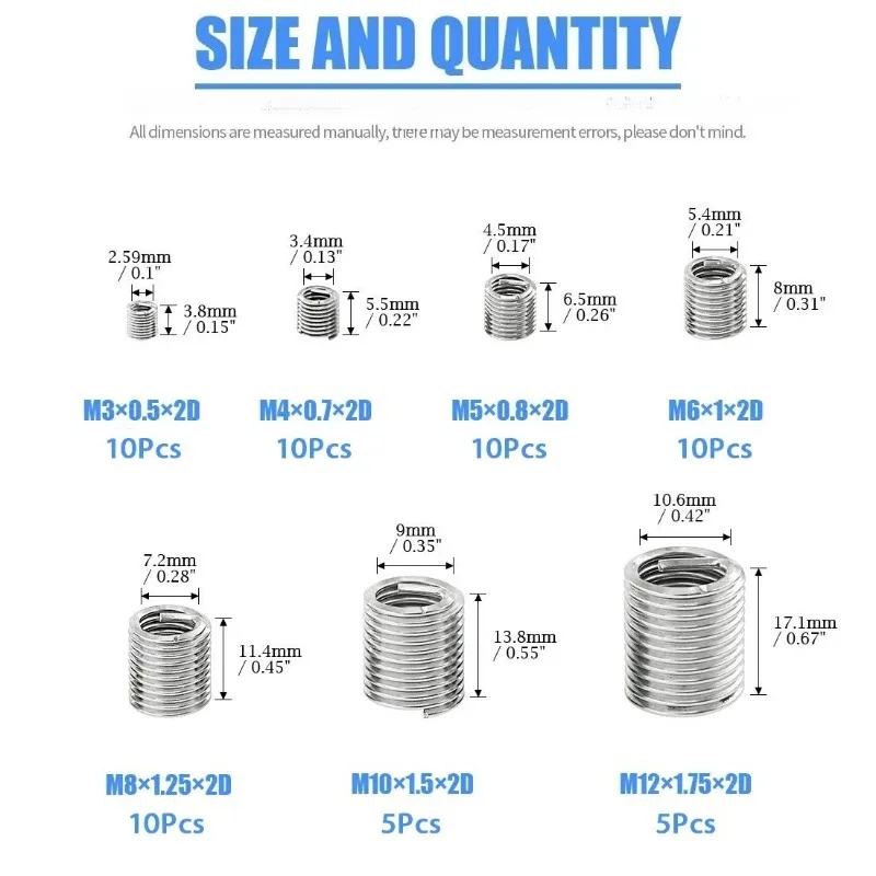 60 قطعة من حشوات خيط الأسلاك الحلزونية المصنوعة من الفولاذ المقاوم للصدأ - مجموعة أدوات تثبيت أكمام الخيط، لمسة نهائية مجلفنة