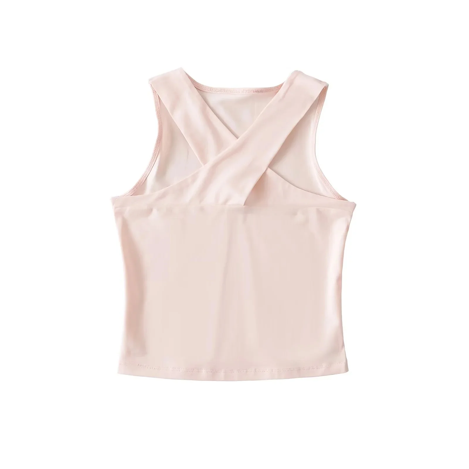 توب نسائي صيفي أمريكي الطراز بدون أكمام وياقة على شكل V متقاطعة، قميص أساسي نحيف بلون موحد مناسب للعمل #4