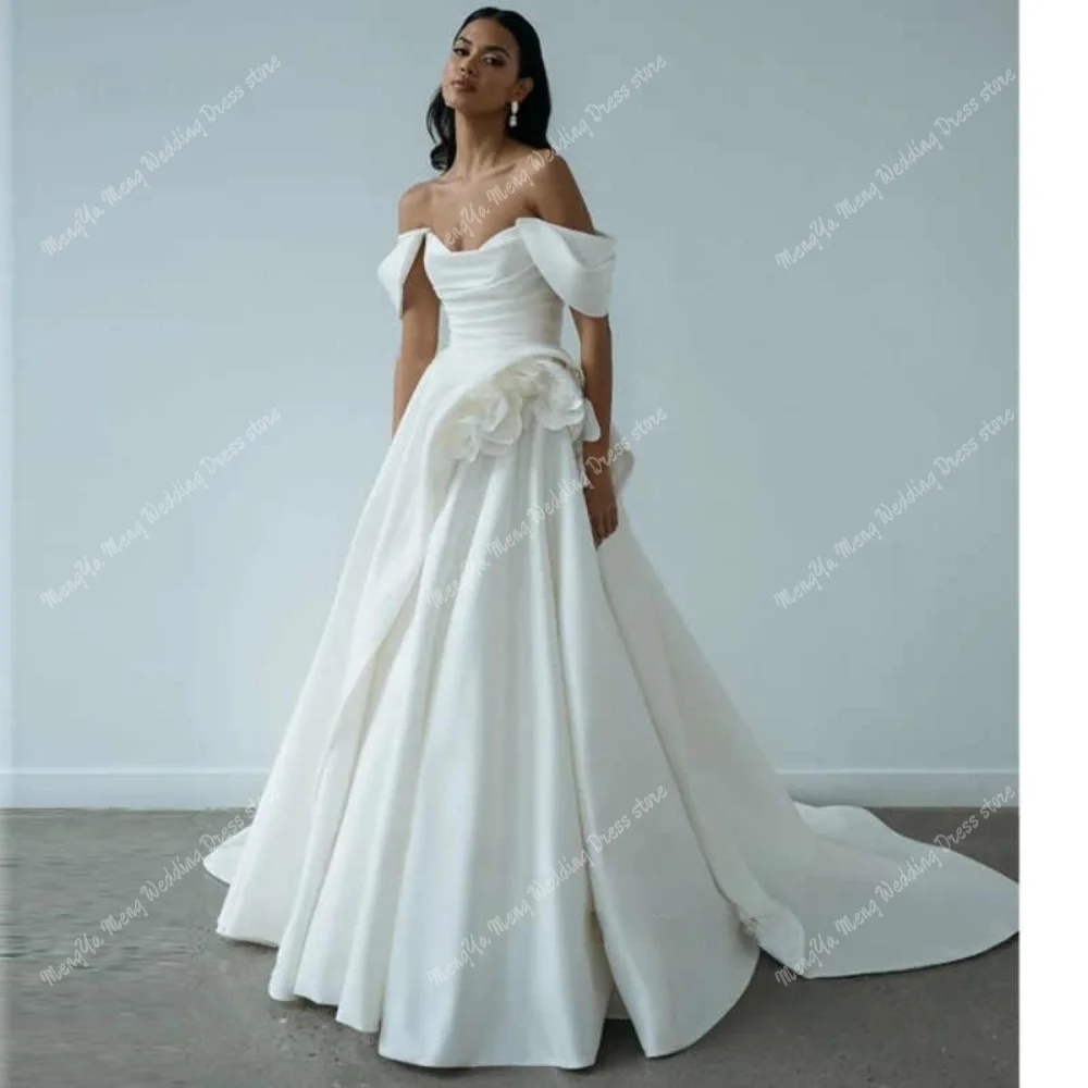 ZHUISHU Elegant White Off The Shoulder A-Line Wedding Dress Sweetheart Pleat Handmade flowers Court Train Bridal Gown Customized
