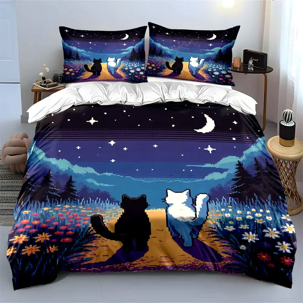 Cats Starry Night Decor Set Soft Comfortable Duvet Cover Bedding Set Included 1*Duvet Cover & 2*Pillowcases, gift